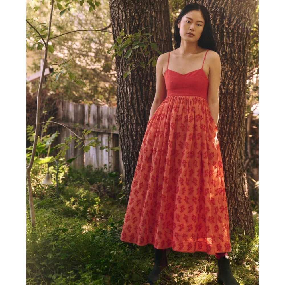 The Great Camelia Red Orange Eyelet Embroidered Midi Dress Cotton Size 0